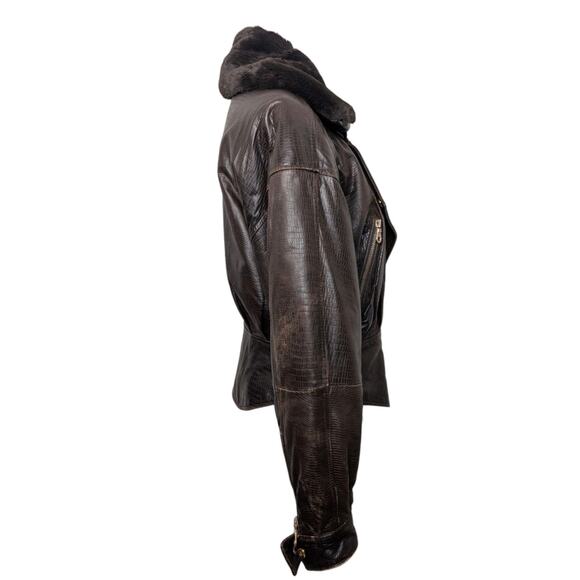 Andrew Marc Croc Embossed Brown Leather Moto Jacket Faux Fur Collar Women’s M - Picture 9 of 11